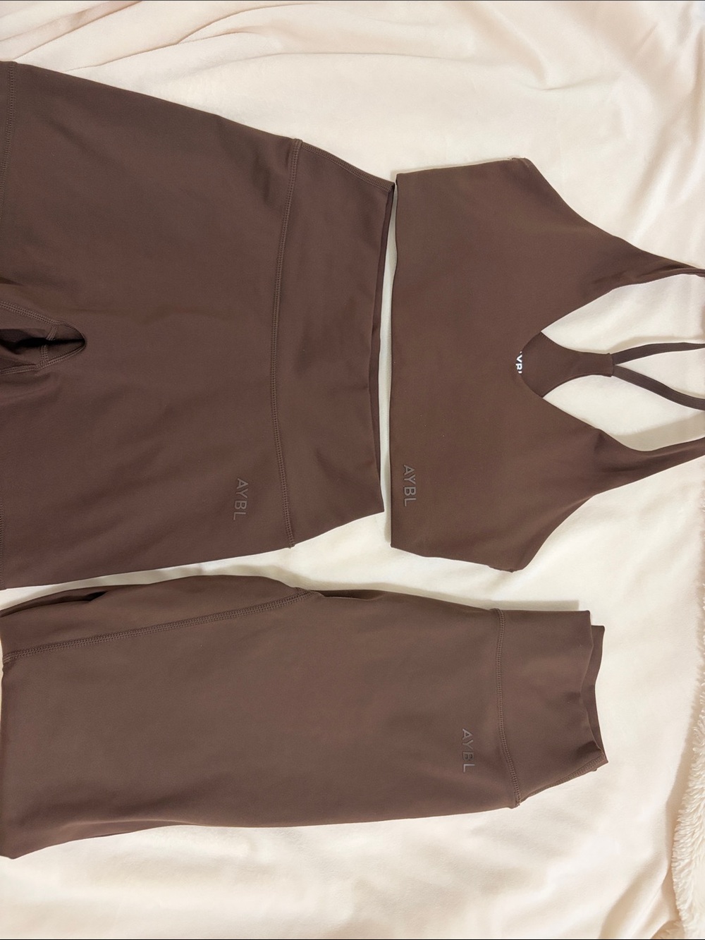 AYBL espresso brown sports bra, shorts, and leggings set. NEW CONDITION